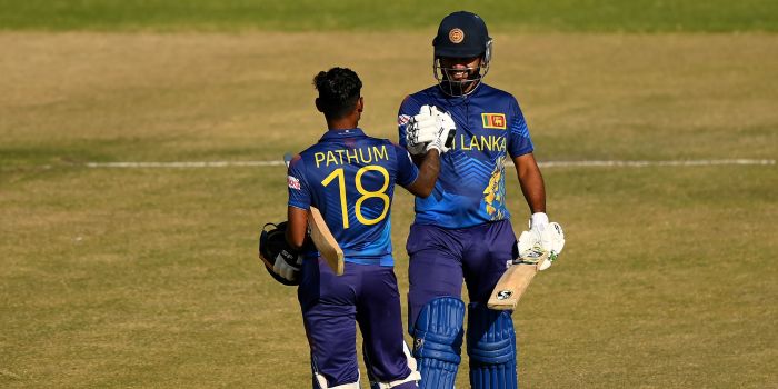 Pathum Nissanka and Dimuth Karunaratne celebrate for Sri Lanka