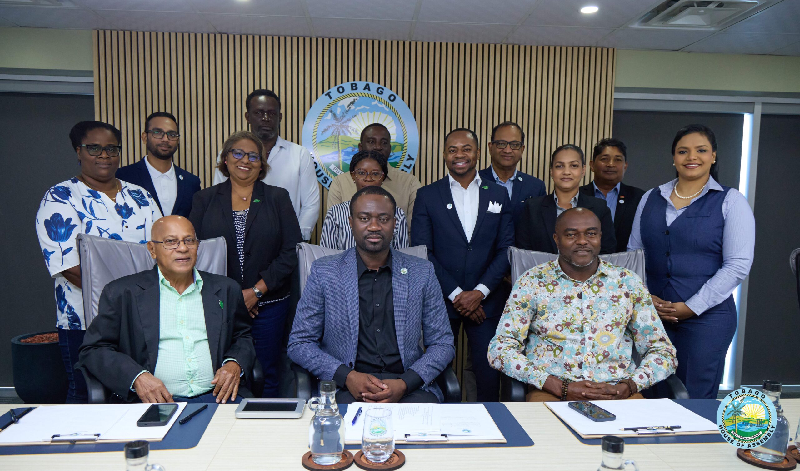 Front Row (From left to right) Mr. Doolar Ramlal – Chairman – EMA, The Honourable Farley Augustine – Chief Secretary of the THA and The Honourable Darren Henry – Secretary of the Division of E
